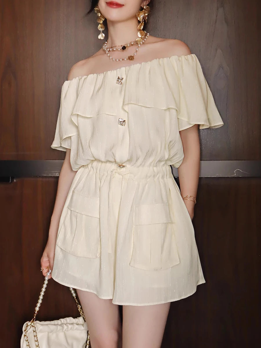 Solid Spliced Button Elegant Rompers for Women Slash Neck Short Sleeves Patchwork Ruffles Folds Romper Female New