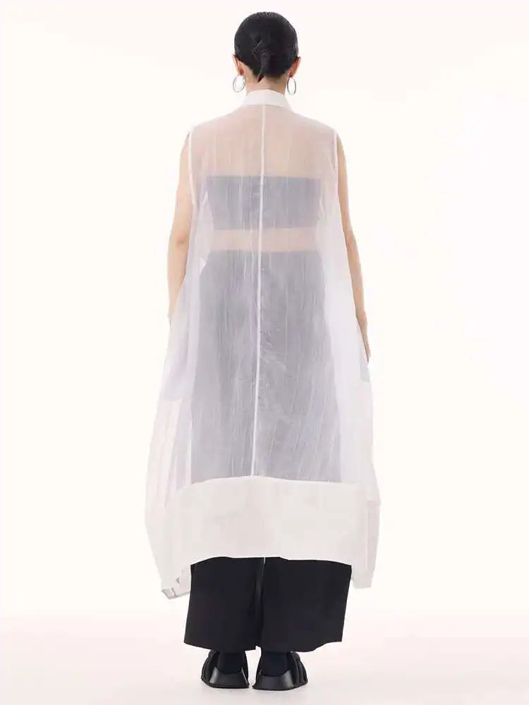 Women Black Mesh Perspective Big Size Long Shirt Dress New Lapel Sleeveless Fashion Tide Spring Summer 2025 1DH9517