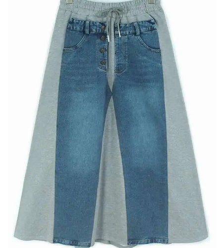 High Elastic Waist Black Denim Color-block Drawstring Half-body Skirt Women Fashion Tide New Spring Autumn 2025 1DJ0084