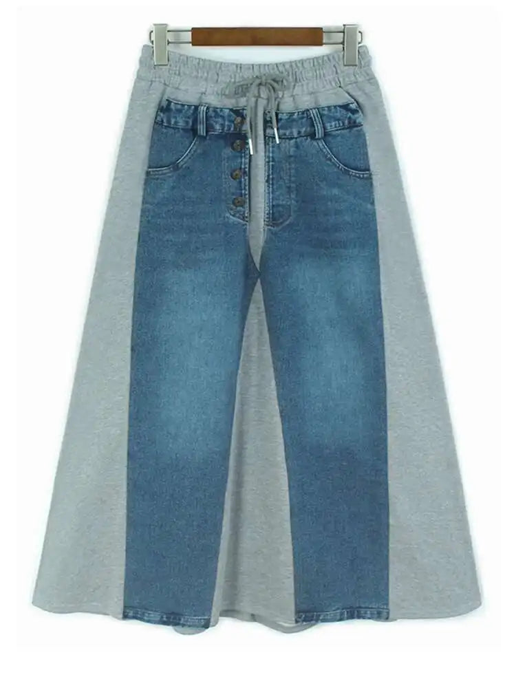 High Elastic Waist Black Denim Color-block Drawstring Half-body Skirt Women Fashion Tide New Spring Autumn 2025 1DJ0084