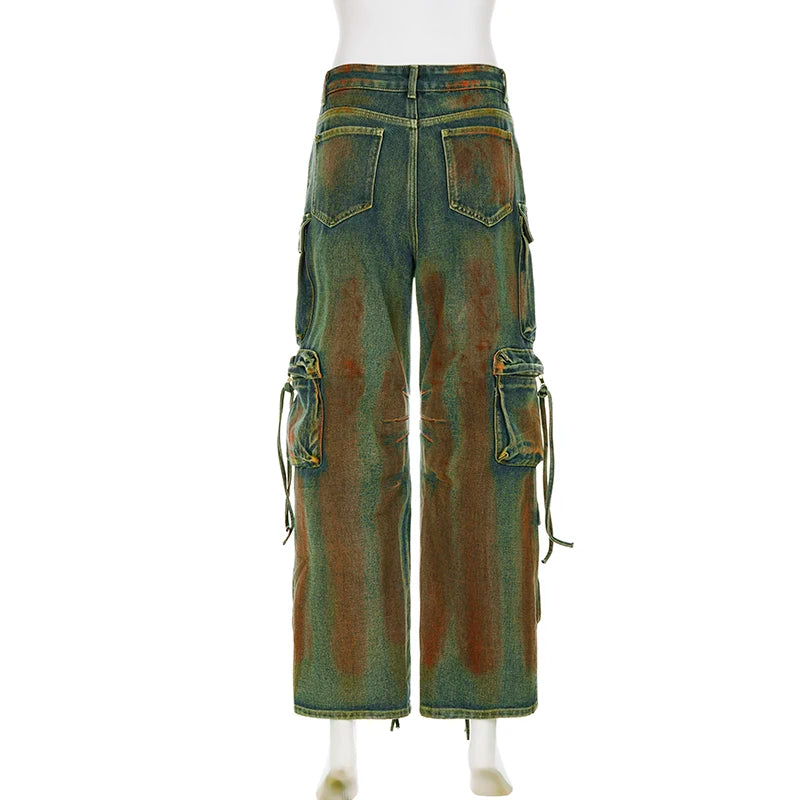Grunge Streetwear Tie Dye Y2K Cago Pants Female Baggy Jeans Multi Pockets Distressed Vintage Straight Trousers Denim
