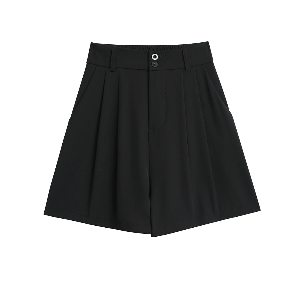 Summer Fashion Black Gray Casual Loose Wide Leg A-line Shorts Women Brown High Waist Elegant Lady Pleated Short Pants