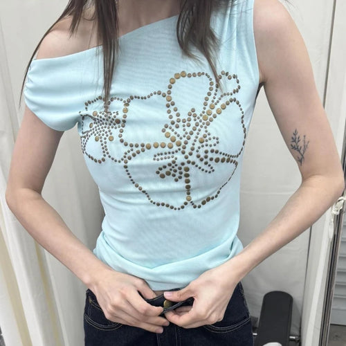 Load image into Gallery viewer, Summer Sexy Slash Neck Pleated Gauze Tshirts Women Y2k Aesthetic Rivet Flower Grunge Tops Harajuku Vintage Fairy Bodycon Tees
