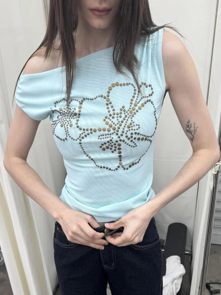 Summer Sexy Slash Neck Pleated Gauze Tshirts Women Y2k Aesthetic Rivet Flower Grunge Tops Harajuku Vintage Fairy Bodycon Tees