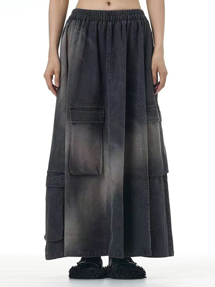 High Elastic Waist Blue Pocket Denim Vintage A-line Half-body Skirt Women Fashion Tide New Spring Autumn 2025 1DH9644