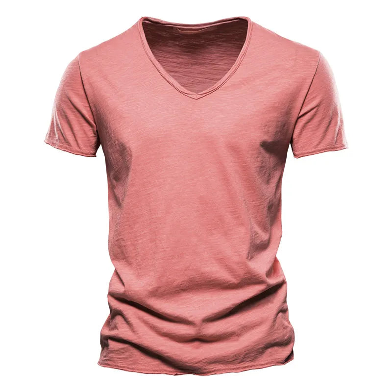 Brand Quality 100% Cotton Men T-shirt V-neck Fashion Design Slim Fit Soild T-shirts Male Tops Tees Short Sleeve T Shirt For Men v1