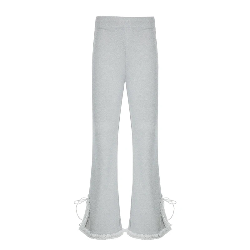 Casual Grey Split Women Flared Pants Sporty Chic Ruched Patchwork Streetwear Sweatpants Homewear Trousers Bottoms New