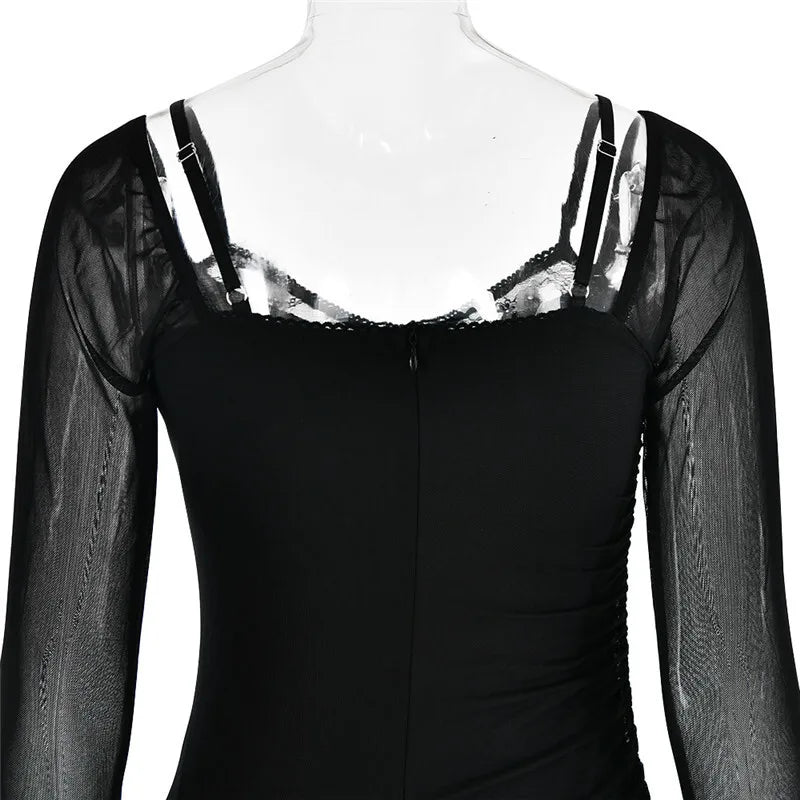 Elegant Sheer Long Sleeve Bodycon Maxi Dress For Women Fashion Mesh Black Strapless Backless Club Party Sexy Dress