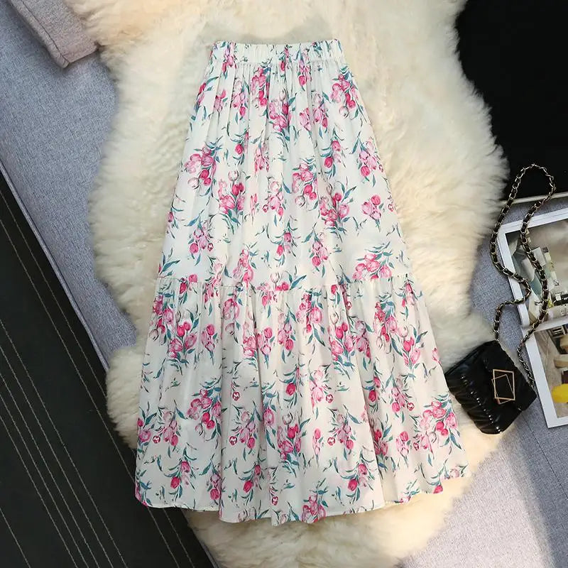 Vintage Floral Print A-line Pleated Long Skirts Summer Women 2023 Casual Skirt Streetwear Elastic Waist Midi Skirt