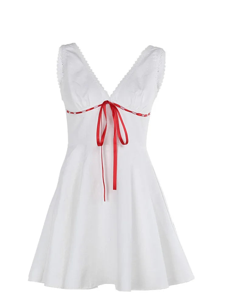 Sexy Lace Patchwork Lace Up Slim Fit Dress For Women Summer 2024 New Fashiona Woven V-neck Suspender Female Vestidos