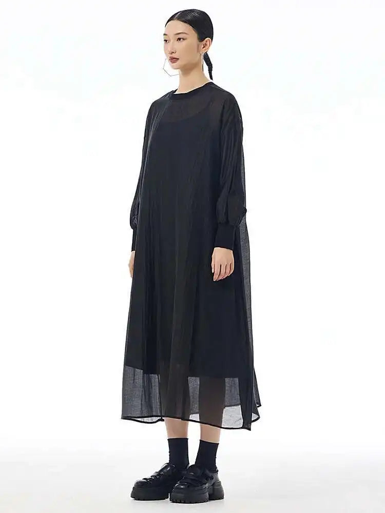 Women Khaki Mesh Perspective Big Size Thin Dress New Round Neck Long Sleeve Fashion Tide Spring Autumn 2025 1DH7412