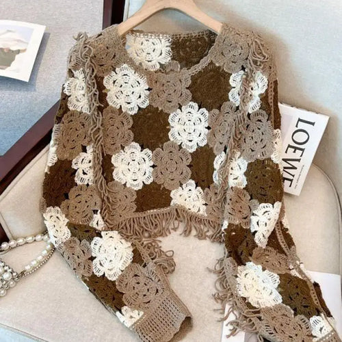 Load image into Gallery viewer, French Vintage 2024 New Women's Patchwork Tassel Hollow Out Long Sleeved Crochet Sweater Autumn Round Neck Elegant Knitted Tops
