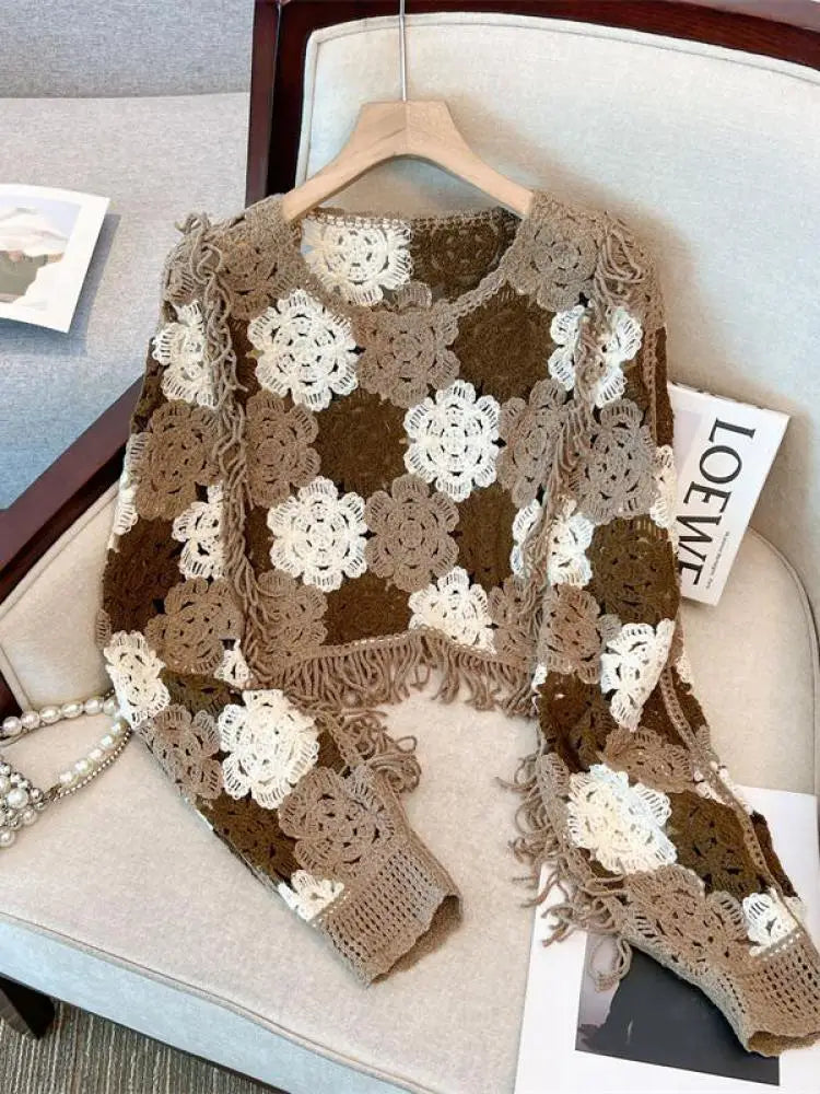 French Vintage 2024 New Women's Patchwork Tassel Hollow Out Long Sleeved Crochet Sweater Autumn Round Neck Elegant Knitted Tops