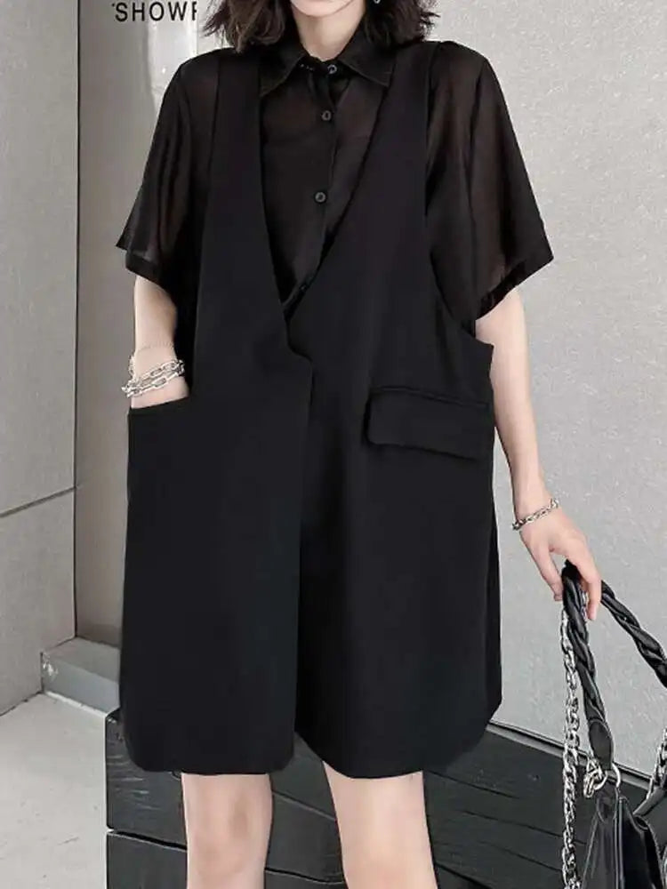 Women Black Pocket Perspective Big Size Mini Shirt Dress New Lapel Half Sleeve Fashion Tide Spring Autumn 2025 1DH5144