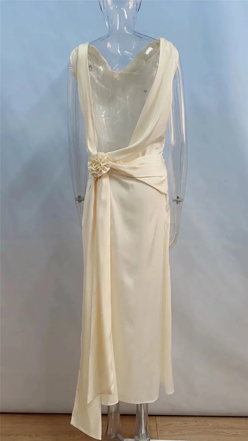 Satin Backless Sexy Maxi Dress For Women Elegant Rose Thigh High Split Beach Holiday Long Dress Gorgeous Club Gown