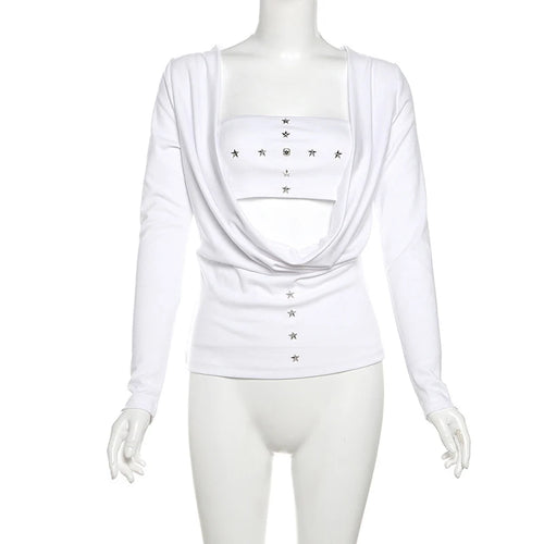 Load image into Gallery viewer, y2k Fairy Grunge Top Women Gothic Clothes Cowl Neck Long Sleeve T Shirt with Metal Star Tube Top 2000s Streetwear
