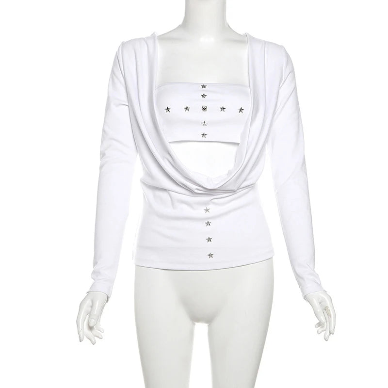 y2k Fairy Grunge Top Women Gothic Clothes Cowl Neck Long Sleeve T Shirt with Metal Star Tube Top 2000s Streetwear