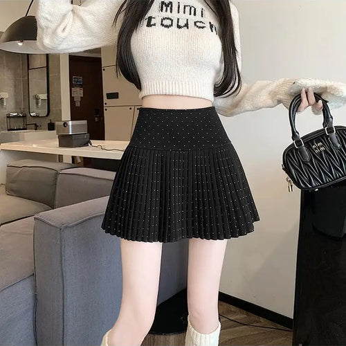 Load image into Gallery viewer, Black Blue Diamond High Waist Slim Pleated Woolen Mini Skirts Women Autumn Winter Brown Festival Half Short Skirt College Style
