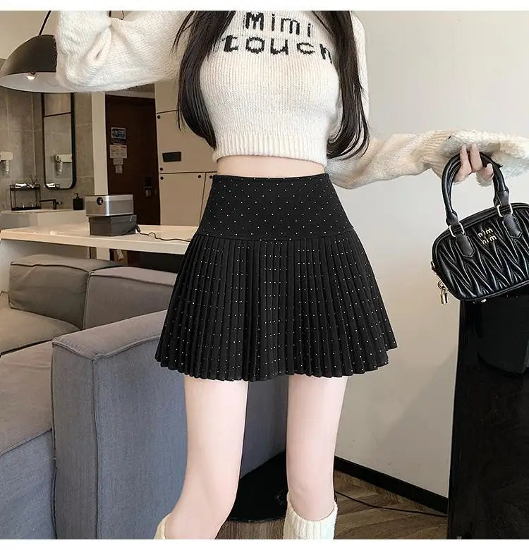 Black Blue Diamond High Waist Slim Pleated Woolen Mini Skirts Women Autumn Winter Brown Festival Half Short Skirt College Style