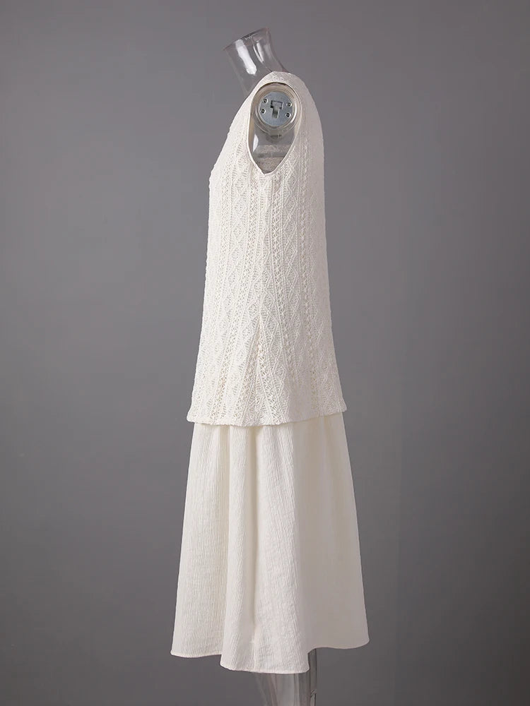 Women Beige Knitting Spliced Elegant Midi Vest Dress New Round Neck Sleeveless Fashion Tide Spring Summer 2025 CPG3068