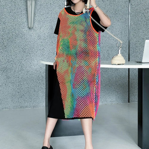 Load image into Gallery viewer, Women Green Colorful Spliced Big Size Midi Dress New Round Neck Short Sleeve Fashion Tide Spring Summer 2025 1DJ1155
