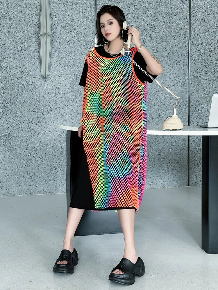 Women Green Colorful Spliced Big Size Midi Dress New Round Neck Short Sleeve Fashion Tide Spring Summer 2025 1DJ1155