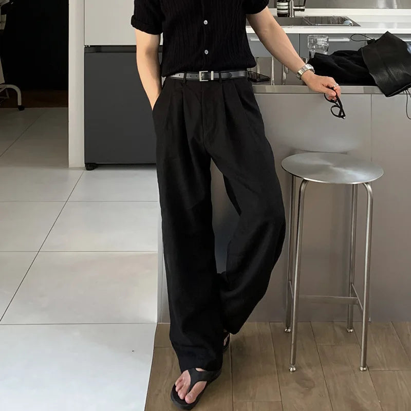 Korean Style Men's Causal Pants Straight Trendy Handsome Loose Trousers Wide Leg Solid Color Male Bottom Fashion 9W1852