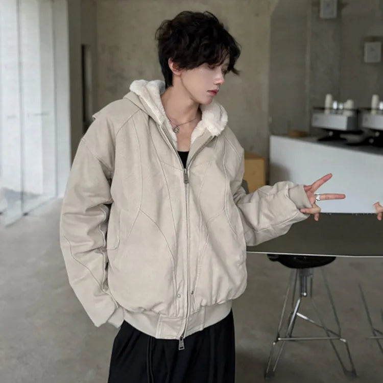 Fashion Men's Padded Jacket Hooded Solid Color Plush Thickened Male Cotton Jacket 2024 Winter Zipper Male Top 9C8758