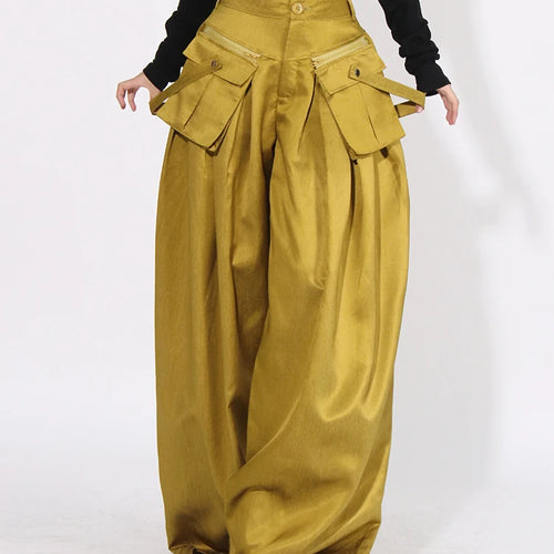 Load image into Gallery viewer, Patchwork Pockets Streetwear Floor Length Trousers For Women High Waist Solid Casual Loose Wide Leg Pants Female Fashion

