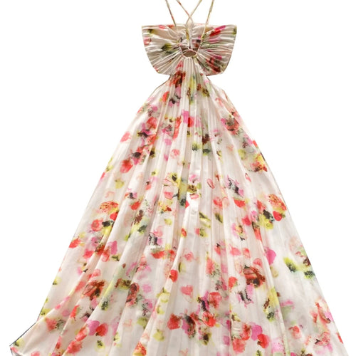 Load image into Gallery viewer, Summer New French Women's Beige Floral Temperament Pleated Slip Dress Vintage Elegant Hollow Out Backless Evening Dress Bohemian
