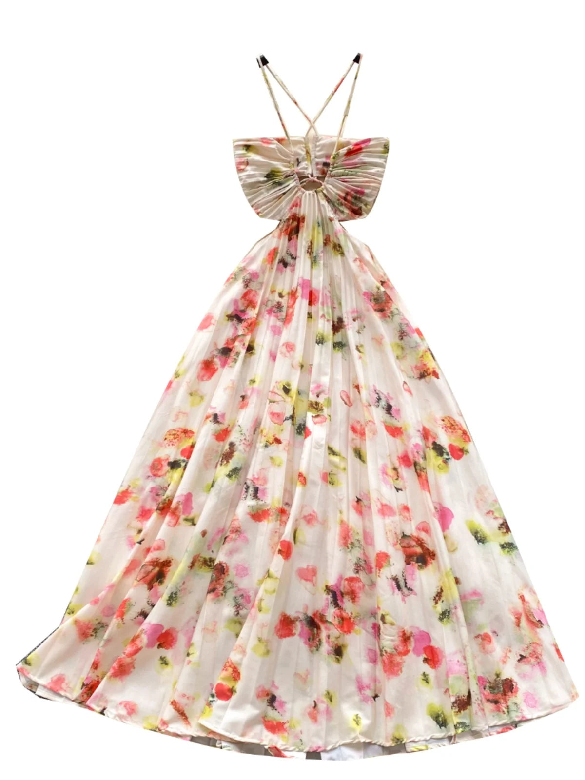 Summer New French Women's Beige Floral Temperament Pleated Slip Dress Vintage Elegant Hollow Out Backless Evening Dress Bohemian