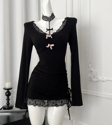 French Vintage Women Black Patchwork Lace Bow Halter Knit Short Dress Autumn Long Sleeve Drawstring Lace-up Pleated Party Dress