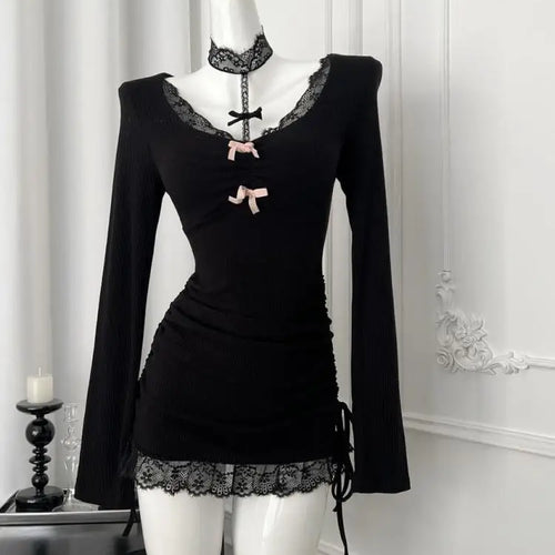 Load image into Gallery viewer, French Vintage Women Black Patchwork Lace Bow Halter Knit Short Dress Autumn Long Sleeve Drawstring Lace-up Pleated Party Dress
