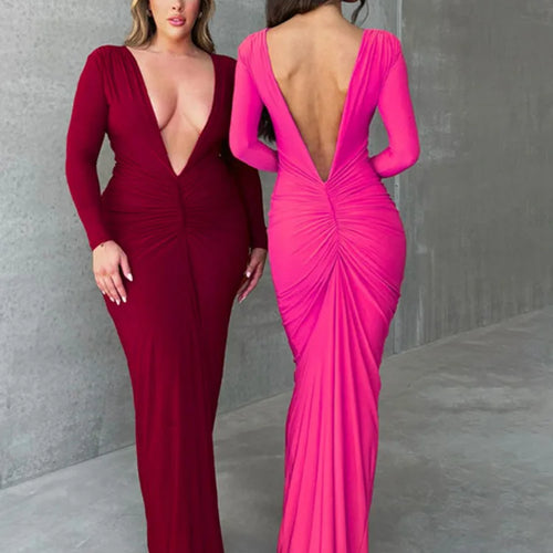 Load image into Gallery viewer, Sexy V-neck Slim Fit Pleated  Long Sleeve Women Dress Front &amp;Back Elegant Female Long Dress Street Party Club Vesidos
