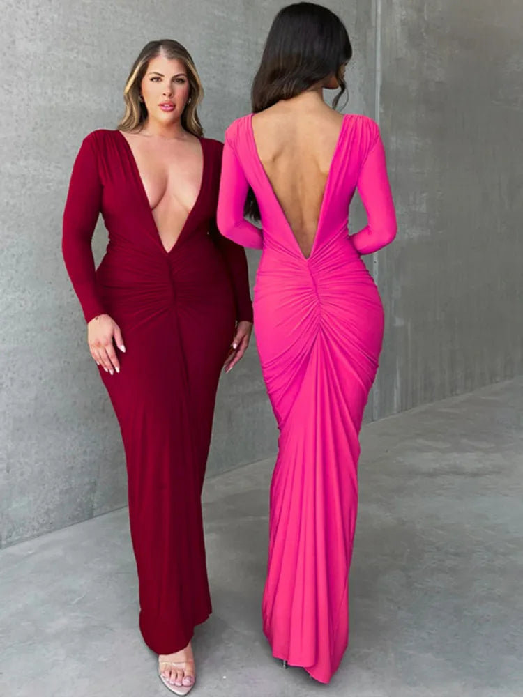 Sexy V-neck Slim Fit Pleated  Long Sleeve Women Dress Front &Back Elegant Female Long Dress Street Party Club Vesidos