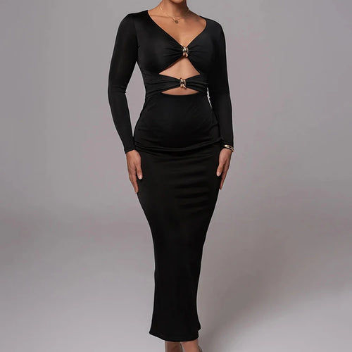 Load image into Gallery viewer, Hollow out long sleeve sexy maxi dress for women fashion solid V neck back split bodycon club long dress elegant
