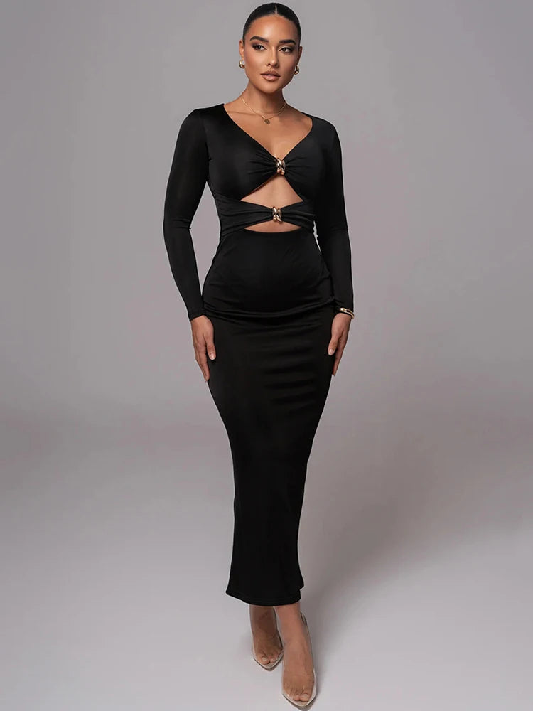 Hollow out long sleeve sexy maxi dress for women fashion solid V neck back split bodycon club long dress elegant
