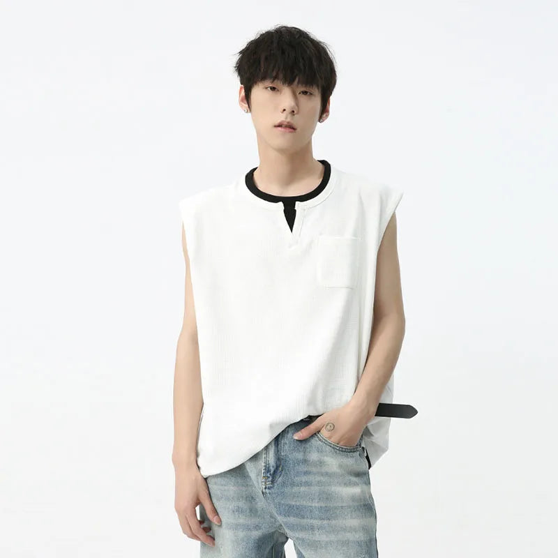 Men's Sleeveless T-shirt Summer Korean Style Version Contrast Color Patchwork Fake Two-piece Casual Male Top C5599