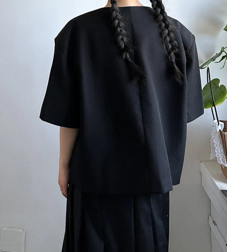 Women Black Buckle Vintage Big Size Blazer New Round Neck Short Sleeve Jacket Fashion Tide Spring Summer 2025 1DJ1397