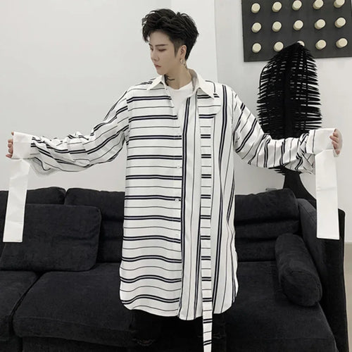 Load image into Gallery viewer, Niche Style Male Shirts Stripe Patchwork Loose Lace-up Casual Tops Lapel Long Sleeve Men&#39;s Clothing Spring Tide 9C6364
