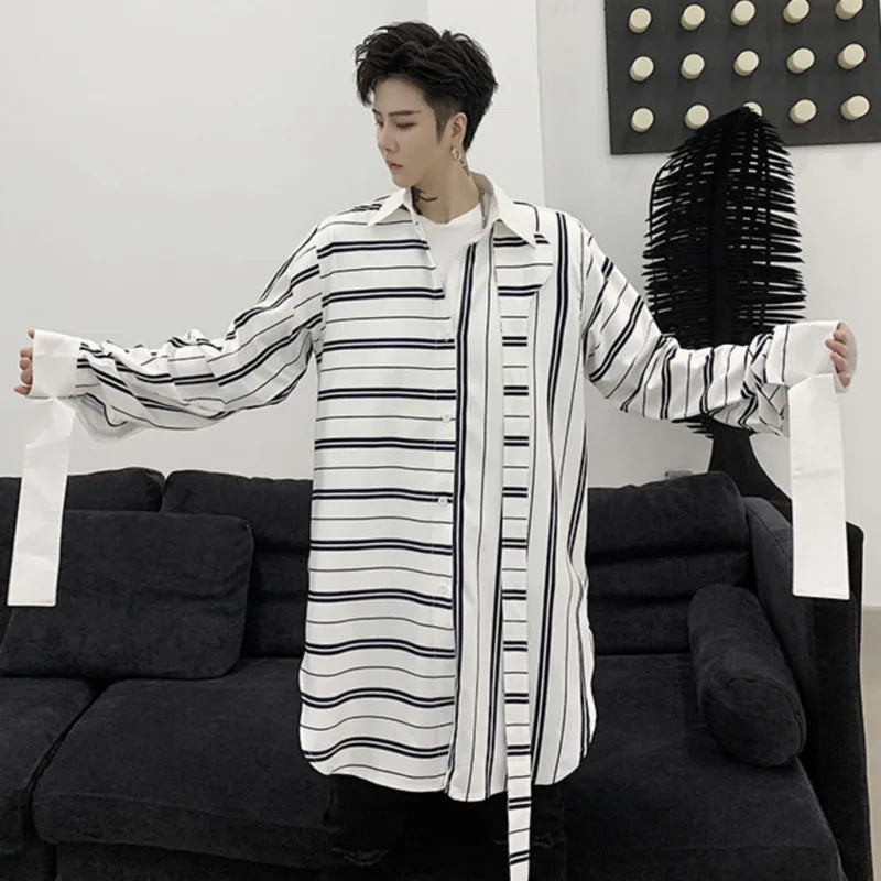 Niche Style Male Shirts Stripe Patchwork Loose Lace-up Casual Tops Lapel Long Sleeve Men's Clothing Spring Tide 9C6364