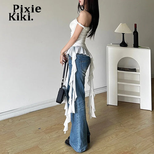 Load image into Gallery viewer, Mesh Ruffled Off Shoulder T Shirts Women Y2k 2000s Aesthetic Asymmetrical Tops White Black Summer Clothes P94-BH24
