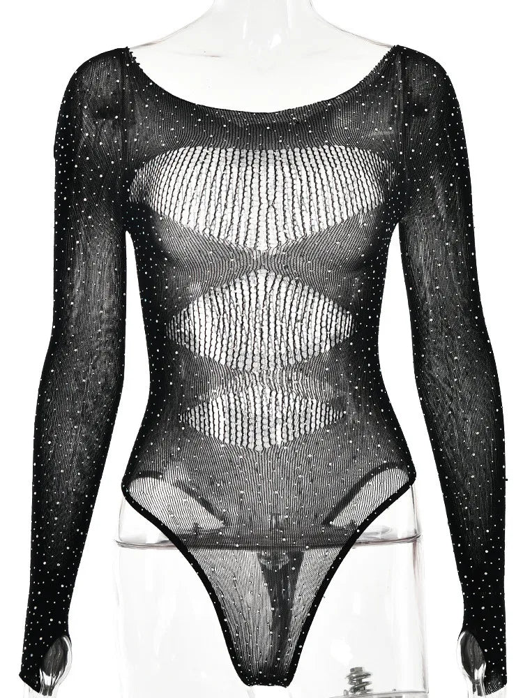 Women's Sexy Spicy Girl High Elastic Knitted Bodysuit, Perspective, Long Sleeved, Hollow Hot Diamond, Summer Beach 2024