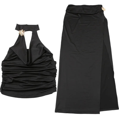 Load image into Gallery viewer, Sexy Sleeveless Skirt Two Pieces Sets For Women Metal Buckle Backless Tops And Thigh Split Long Skirt Two Pieces Sets
