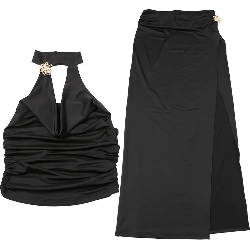 Sexy Sleeveless Skirt Two Pieces Sets For Women Metal Buckle Backless Tops And Thigh Split Long Skirt Two Pieces Sets