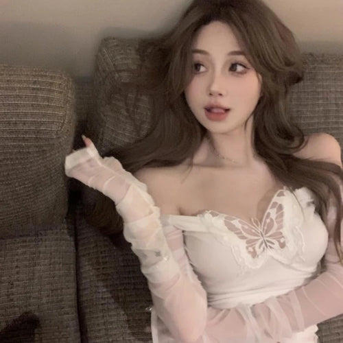 Load image into Gallery viewer, Y2k Aesthetic Patchwor Butterfly Women T-Shirt Vintage Harajuku Slim Fit Tshirts Knitted Long Sleeve Grunge Streetwear Crop Top
