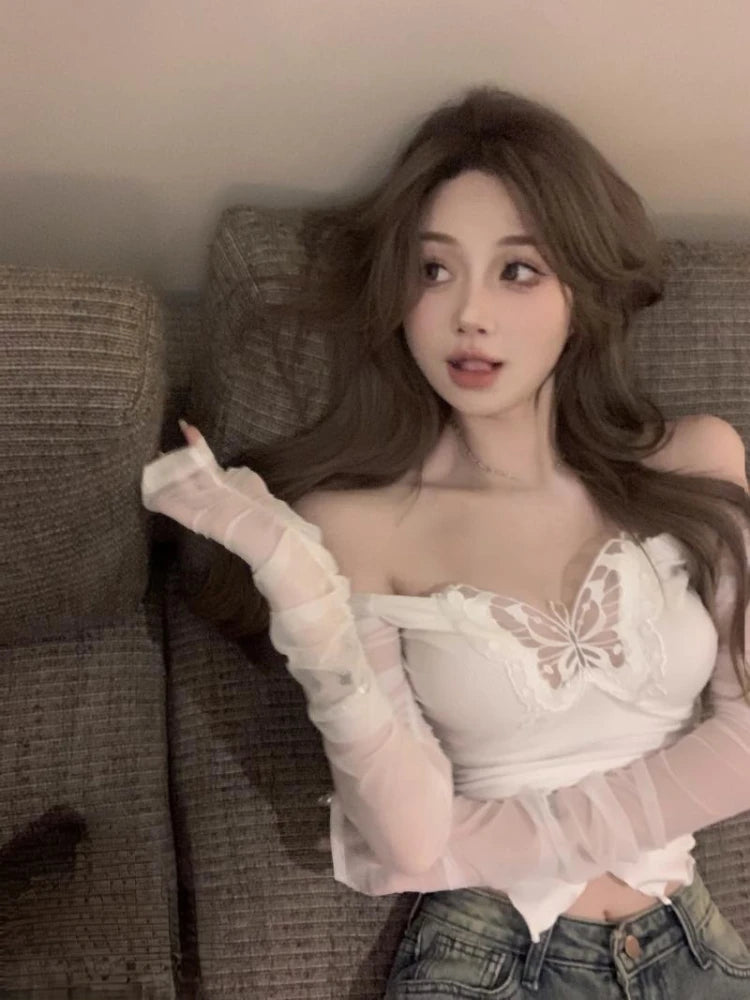 Y2k Aesthetic Patchwor Butterfly Women T-Shirt Vintage Harajuku Slim Fit Tshirts Knitted Long Sleeve Grunge Streetwear Crop Top