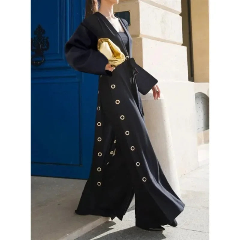 Womens Black Long Jackets 2025 Summer Spring Hollow Split-Joint Streamer Womens X-long Traf Trench Coat Female