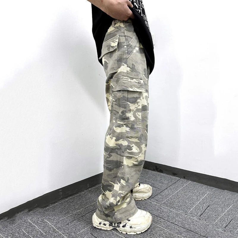 Men's Cargo Pants New American Style Multi Pockets Designed Loose Straight Wide Leg Trendy Casual Male Trousers 9W1781