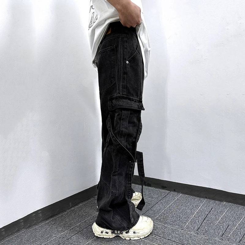 Men's Jeans New American Style High Street Trendy Large Buckle Pockets Decoration Cargo Denim Pants Summer Tide 9W1867